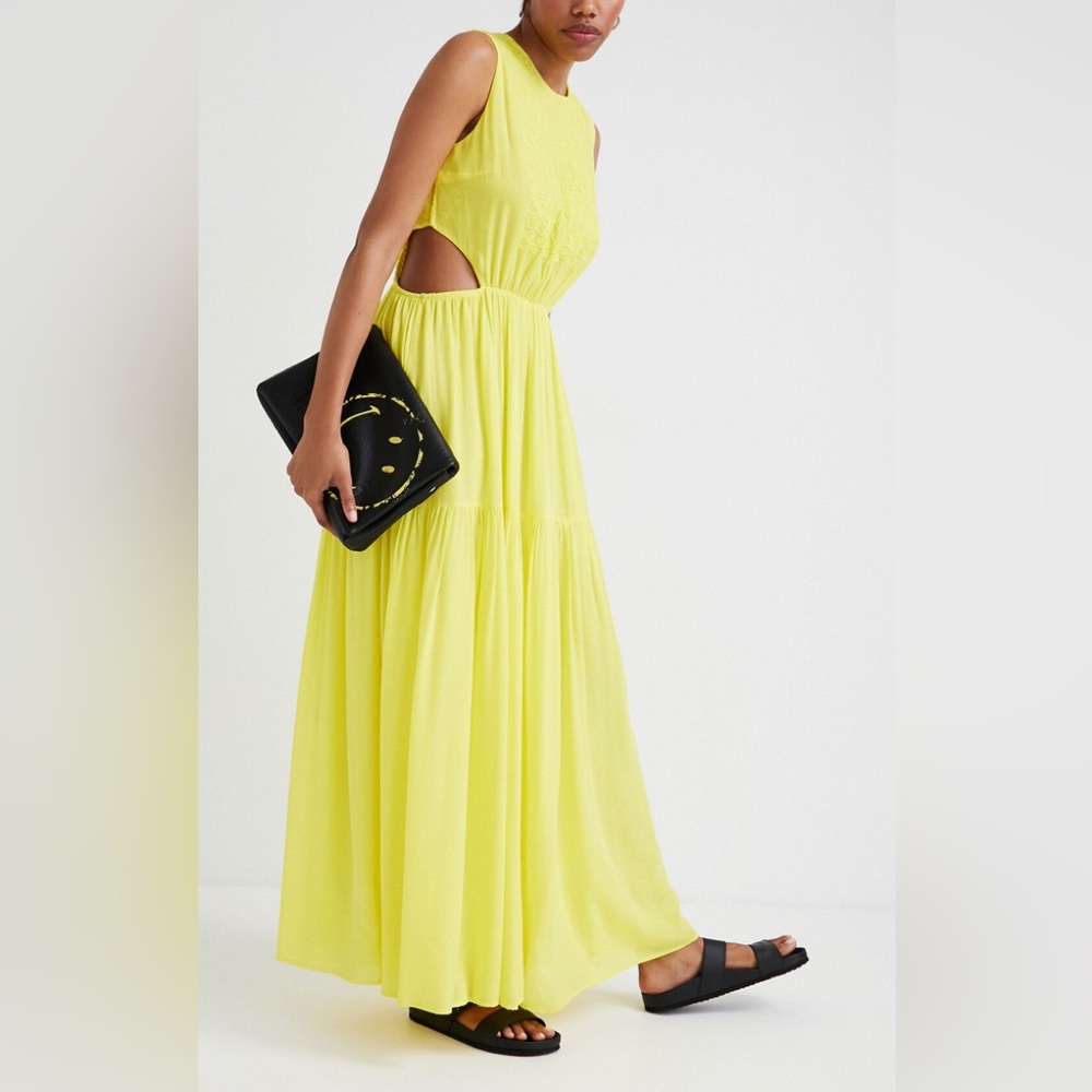 Desigual yellow embroidered cut out dress size small